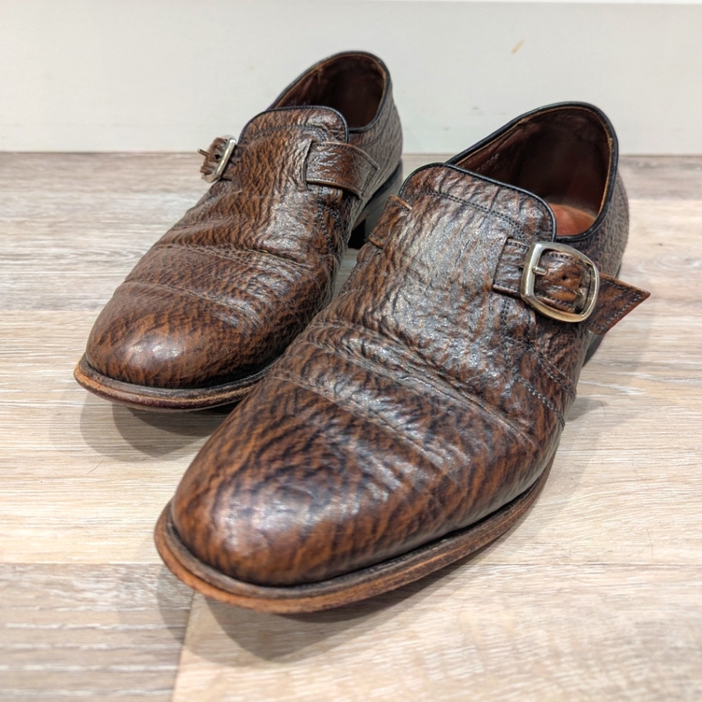 VINTAGE Allen Edmonds Size 7.5 Brown Shark Skin Leather Monk‎ Strap Dress Shoes